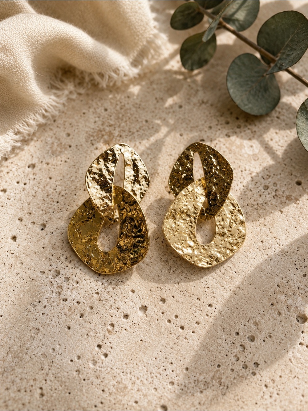 Textured Gold Double-Link Drop Earrings - Women Jewelry